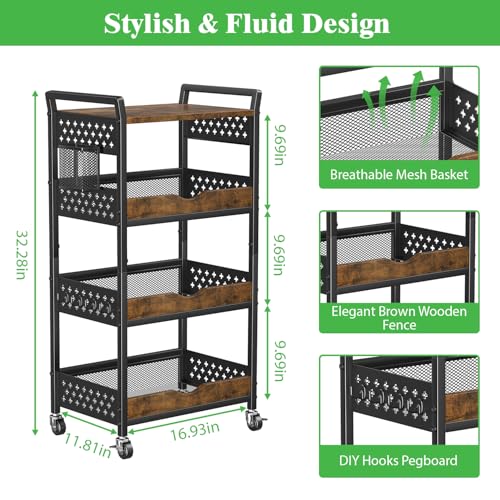 4 Tier Bathroom Storage Cart - Kitchen Rolling Cart on Wheels, Metal Snack Cart Pantry Floor Organizer with Hooks and Mesh Basket, Black Utility Trolley Rack for Fruit Coffee Craft Makeup