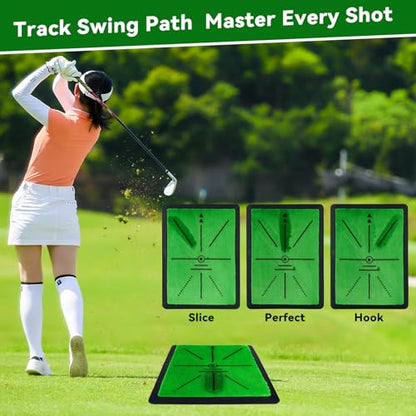 3-in-1 Golf Hitting Mat, 12" x 16" Replaceable Golf Practice Mat with Non-Slip Rubber Base, Golf Training mat for Swing Path, Chipping mat & Putting, Portable for Backyard, Garage, Indoor & Outdoor
