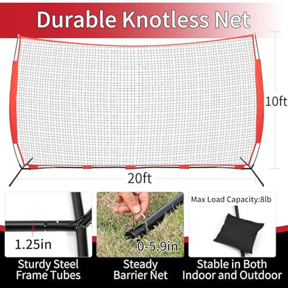 7x7/16x10/20x10ft Backstop Net, Ball Stop Net with Handbag,Fix Sports Net Barrier by 4 Spike&2 Sandbag,Sports Practice Barrier Net for Baseball,Softball,Lacrosse Train,Backstop Net for Backyard - style: 20X10ft red