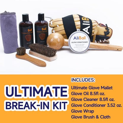 AliBall Baseball Glove Break-in & Care Kit, 8.5 fl oz Glove Oil, 8.5 fl oz Cleaner & 3.52 oz Conditioner, Mallet, Wrap, 2 Brushes & Cloth for Baseball/Softball Mitts - style: Essential Standard Kit
