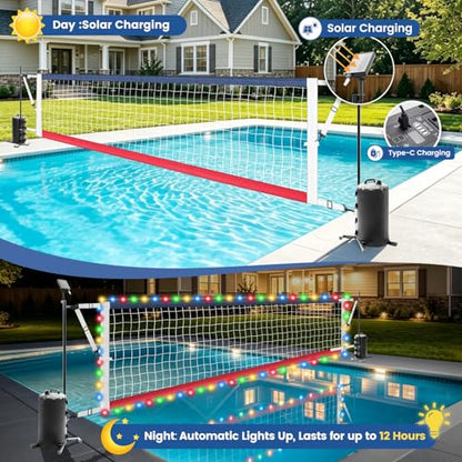 Pool Volleyball Net Set with LED Lights, Adjustable 15-32FT Net for Inground Pools, Volleyball Net with Glow Ball,Weighted Bases, Solar Powered Lights, Outdoor Water Volleyball Games for Family - style: Inground Pool Volleyball Net