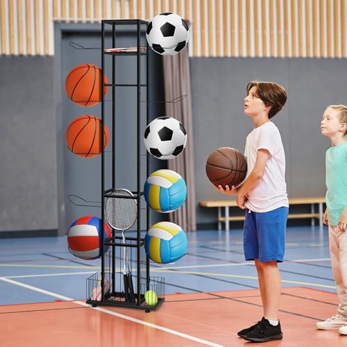 BTY Sports Equipment Organizer Ball Storage Rack Freestanding Basketball Holder Vertical Garage Ball Storage Display Stand for Volleyball Football Badminton Black