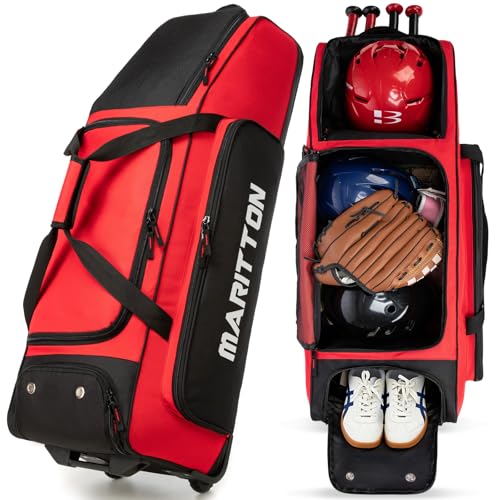 Rolling Baseball Catchers Gear Bag with Wheels, Large Baseball Softball Bag for 4 Bats with Shoe Compartment, Fence-Hooks and Multi-Pockets.