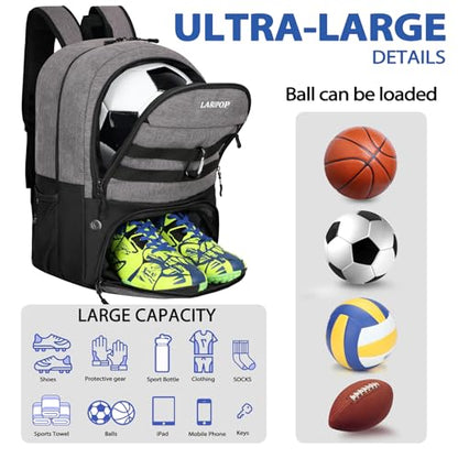 LARIPOP Soccer Backpack with Ball Holder & Shoe Compartment Large Capacity Youth Sports Bag for Training - color: Light gray