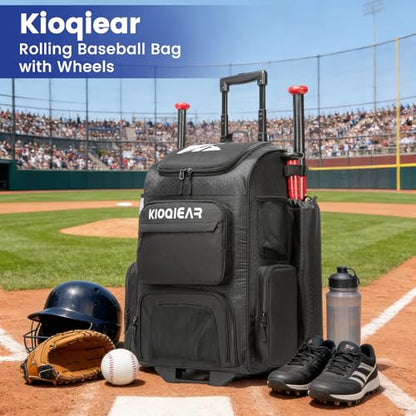 Rolling Baseball Bag with Wheels,Large Softball Bag with Fence Hook for 4 Bats & Equipment,Lightweight Baseball Bat Bag with Shoe Compartment. - color: Black