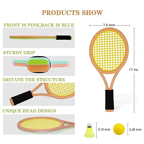 Kid Tennis Racket Set for Toddler,Children,Sponge Handle, includes 6 Badminton, 1 Tennis Ball, Bag and 2 Balls - Increase Children's Sports,Improve Tennis Skills - color: Orange&Green