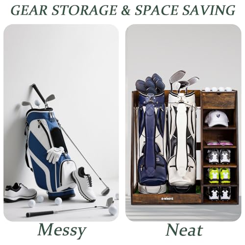 WINGYZ Premium Birch Plywood Golf Bag Storage for 2 Bags | 36lb Rock-Solid Golf Bag Organizer | 7-Shelf Command Center | Artificial Turf 12-Ball Display | No Wall Mounting Required (Brown) - color: Brown