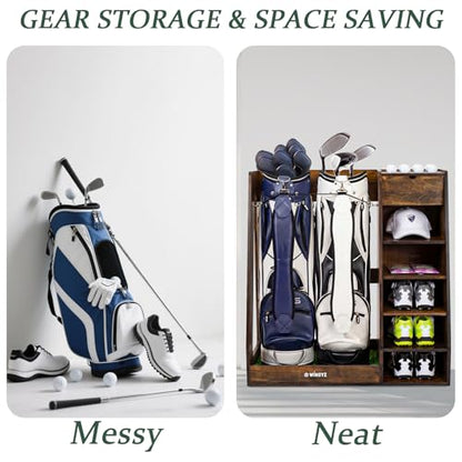 WINGYZ Premium Birch Plywood Golf Bag Storage for 2 Bags | 36lb Rock-Solid Golf Bag Organizer | 7-Shelf Command Center | Artificial Turf 12-Ball Display | No Wall Mounting Required (Brown) - color: Brown