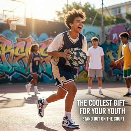 Size 5 Basketball, Rubber Indoor Outdoor Basketball for Youth & Junior Players, Black with Circle Line Pattern