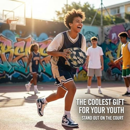 Size 5 Basketball, Rubber Indoor Outdoor Basketball for Youth & Junior Players, Black with Circle Line Pattern