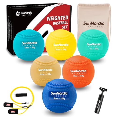 SunNordic 6/9 Pack Seams Plyometric Weighted Baseball Set (3.5-16/35/53/70 oz) - Variable Weight Plyo Baseballs for Improved Power & Pitching Training - for All Skill Levels