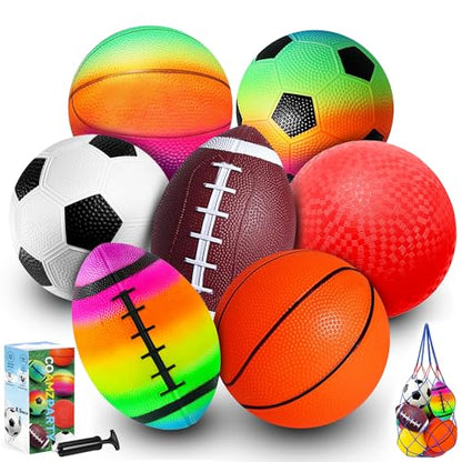 8.5 Inch Sports Balls Set 7 Pack,Playground Balls for Kids&Adults, Includes Soccer Ball, Basketball, and Football,Rainbow Ball for Outdoor & Indoor Games, Boys and Girls Gift with Gift Box