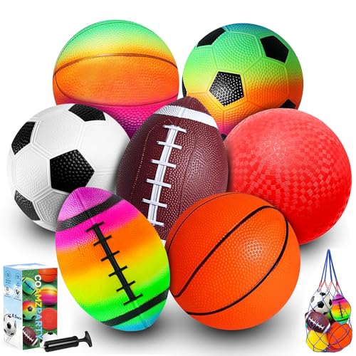 8.5 Inch Sports Balls Set 7 Pack,Playground Balls for Kids&Adults, Includes Soccer Ball, Basketball, and Football,Rainbow Ball for Outdoor & Indoor Games, Boys and Girls Gift with Gift Box