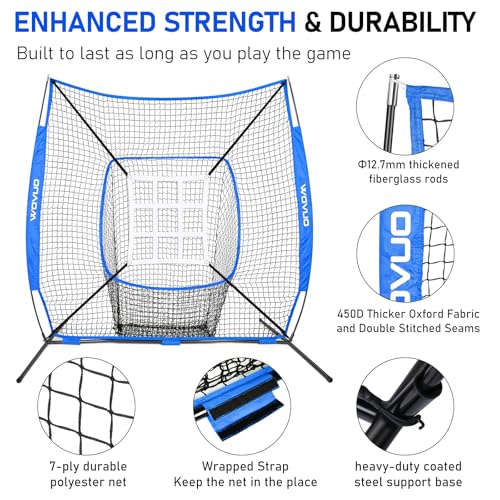 7x7 ft Baseball Net for Batting Pitching Hitting, Softball Pitching Net with Strike Zone, Tee, Ball Caddy, Softball Batting Net Baseball Training Equipment for Kids Adult Youth Sport Practice - color: Blue
