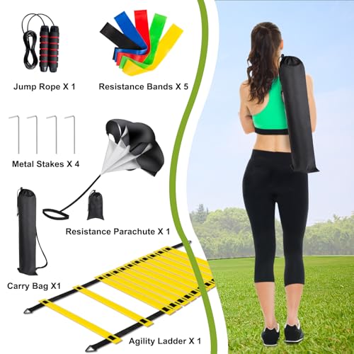Agility Ladder, Football Training Equipment Set, 20 feet 12 Rungs Speed Ladder,50 Disc Cones,Resistance Parachute, Jump Rope, 5 Resistance Bands for Workout