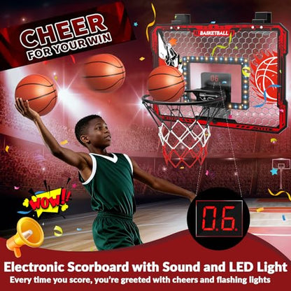 Over The Door Basketball Hoop, 2025 Upgrade Indoor Basketball Hoop with LED Lights and Scoreboard, Includes 3 Balls & Pump, Toys Gifts for3 4 5 6 7 8 9 10 11 12 Year Old Boys - Mini Basketball Hoop