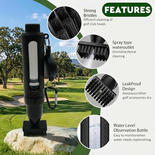 Golf Club Brush Cleaner with Water Bottle - Leak-Proof, Press-Type Spray Bottle & Retractable Zip-line Carabiner - Premium Golf Cleaning Accessories & Gift