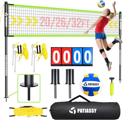 Portable Volleyball Net Set for Backyard & Beach, Adjustable Width (32/26/20FT) & Height, Anti-Sag Tension Design, Metal Stakes for Outdoor Stability, PU Volleyball with Pump, Scoreboard and Carry Bag - color: Green