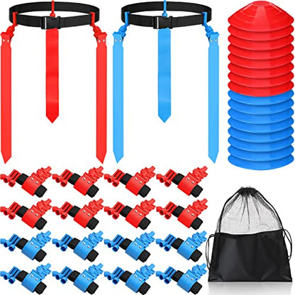Wettarn 10/16 Player Flag Football Belts Adjustable Flag Football Set with Cones Bag for Youth Adults Kids Training Sport - color: Red, Blue