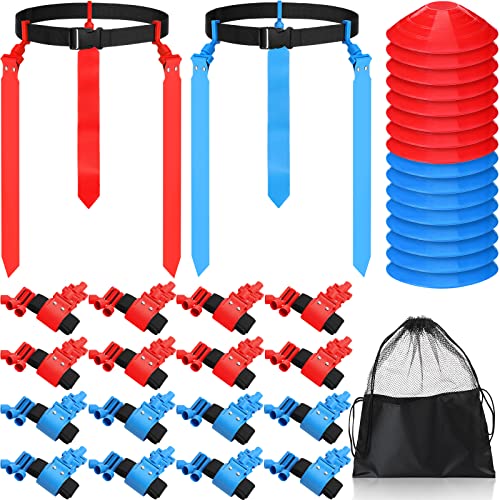Wettarn 10/16 Player Flag Football Belts Adjustable Flag Football Set with Cones Bag for Youth Adults Kids Training Sport - color: Red, Blue