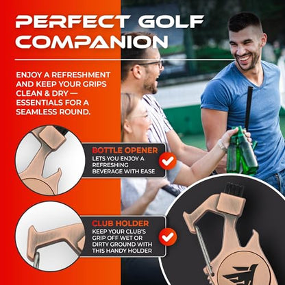 SWIFTEE Golf Divot Pitch Mark Repair Tool 7-in-1 - Club Holder, Brush, Clip Buckle, Groove Cleaner, Bottle Opener, Ball Marker, Divot Tool - Gift Box Included - color: Matte Black