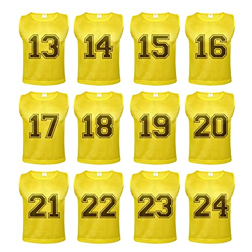 Athllete 12 pcs Duramesh Pinnies/Scrimmage Vest - Kids Youth and Adult Pinnies, Numbered Penny Jerseys for Soccer - color: Golden Yellow Numbered Front/Back (13-24), size: Medium