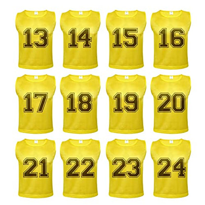 Athllete 12 pcs Duramesh Pinnies/Scrimmage Vest - Kids Youth and Adult Pinnies, Numbered Penny Jerseys for Soccer - color: Golden Yellow Numbered Front/Back (13-24), size: Large