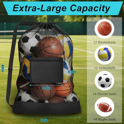 Heavy Duty Soccer Ball Net Bag, Extra Large Sports Ball Bag Mesh(Holds 10-12 balls), 40" x 30" Drawstring Mesh Ball Bag with Pocket for Gym, Beach, Fabrics, Basketball, Volleyball, Swimming Gear