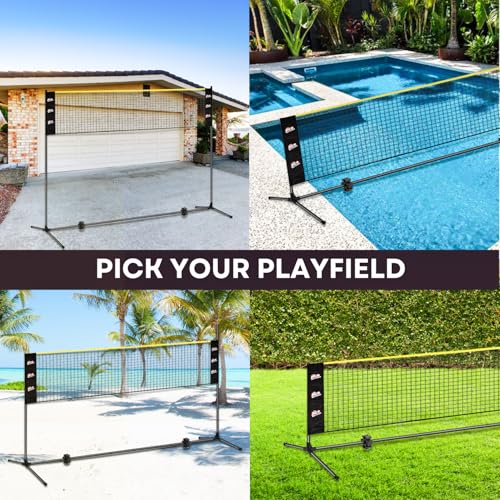 Complete Badminton Sets (10FT/17FT) Adjustable Width, Adjustable Height (2.8/5.1/7.4FT), Badminton Pickleball Volleyball Set with Net, 4Racket+4Paddels+Volleyball for Outdoor Family Game.