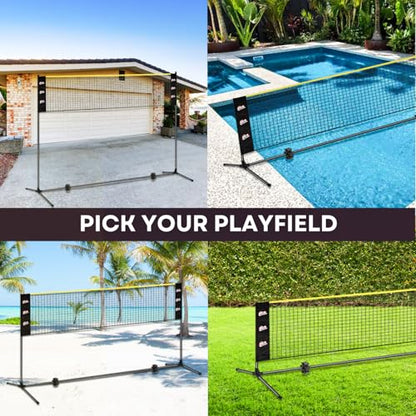 Complete Badminton Sets (10FT/17FT) Adjustable Width, Adjustable Height (2.8/5.1/7.4FT), Badminton Pickleball Volleyball Set with Net, 4Racket+4Paddels+Volleyball for Outdoor Family Game.
