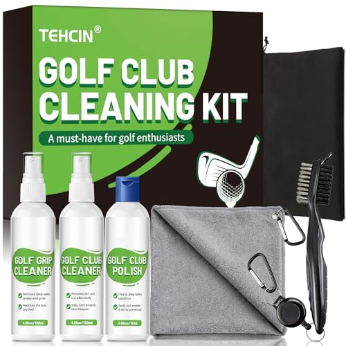 Pro Golf Club Cleaning Kit – Cleaner, Polish, Grip Cleaner, Brush, Towel & Bag | Restores Irons & Drivers, Removes Rust & Scratches, Renews Grip | Golf Gifts for Men
