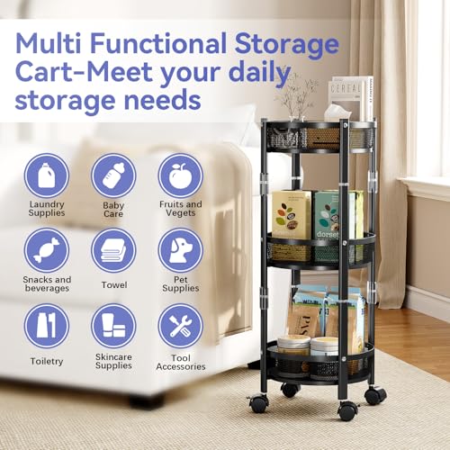 TOOLF 3-Tier Foldable Rolling Cart, Collapsible Metal Utility Cart with Wheels, Assembly-Free, Round Storage Organizer Trolley for Kitchen, Bathroom, Dorm, Nursery, Black
