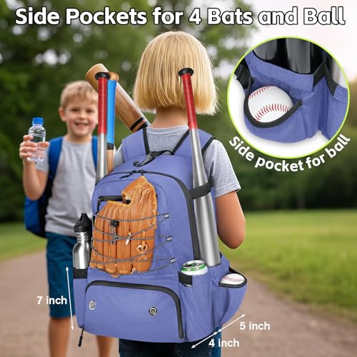 MATEIN Baseball Bat Bag for 4 Bats with Ball Pocket, Lightweight Youth Baseball Backpack with Shoe Compartment, Large Capacity Softball Equipment Bag with Fence Hook for TBall Gear, Helmet, Glove - color: Purple