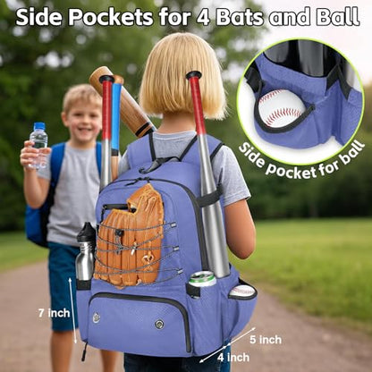 MATEIN Baseball Bat Bag for 4 Bats with Ball Pocket, Lightweight Youth Baseball Backpack with Shoe Compartment, Large Capacity Softball Equipment Bag with Fence Hook for TBall Gear, Helmet, Glove - color: Purple