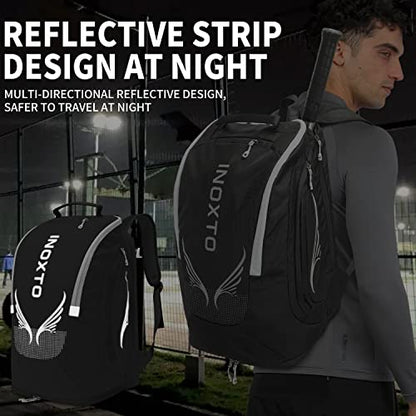 INOXTO 40L Tennis Backpack for Men & Women, Large Pickleball Bag With Independent Shoe Storage, Waterproof & Breathable, Holds 2 Tennis Rackets for Badminton, Travel & Camping - color: Black