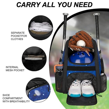 Goloni Youth Baseball Bag,Baseball Backpack with Shoes Compartment,Softball Bag with Fence Hook for T-Ball Bat & Equipment - color: Starry Sky Blue