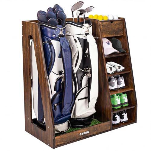 WINGYZ Premium Birch Plywood Golf Bag Storage for 2 Bags | 36lb Rock-Solid Golf Bag Organizer | 7-Shelf Command Center | Artificial Turf 12-Ball Display | No Wall Mounting Required (Brown) - color: Brown