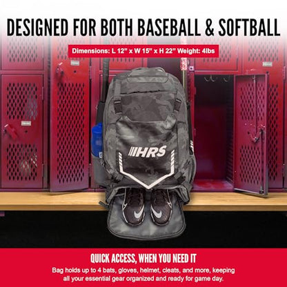Hit Run Steal Bat Bag Backpack, Holds 4 Bats, Gloves, Helmet, and Cleats, Gray Camo