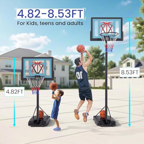 Basketball Hoop Outdoor 4.82-8.53ft Adjustable, Portable Basketball Hoop & Goals with 2 Wheels, 32 Inch PC Backboard/Fillable Base/Size 5 Basketball for Kids, Youth, and Adults in Backyard/Driveway