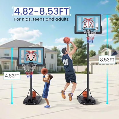 Basketball Hoop Outdoor 4.82-8.53ft Adjustable, Portable Basketball Hoop & Goals with 2 Wheels, 32 Inch PC Backboard/Fillable Base/Size 5 Basketball for Kids, Youth, and Adults in Backyard/Driveway