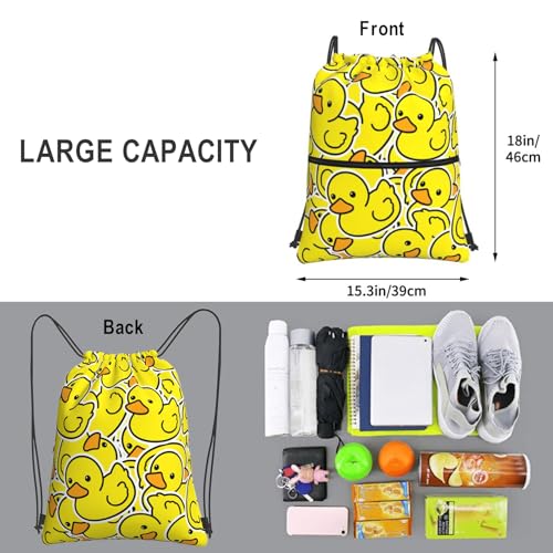 Yellow Duck Drawstring Bag, Waterproof Drawstring Bckpack for Gym Sports Birthday Party Gift, Women Men Sackpack Bag with Front Zipper Pocket and Inside Zipper Pocket - color: Yellow Duck