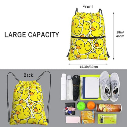 Yellow Duck Drawstring Bag, Waterproof Drawstring Bckpack for Gym Sports Birthday Party Gift, Women Men Sackpack Bag with Front Zipper Pocket and Inside Zipper Pocket - color: Yellow Duck
