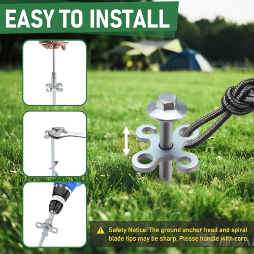 Ground Anchors Screw in – 4 Pack Spiral Tent Stakes heavy duty with Drill Socket & T-Handle, 12 Inch Trampoline Anchor with Hook & Ring Design for Tents, Sheds, Canopies, Swing Sets, Gazebo(4)