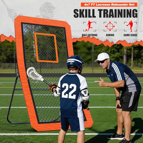 Lacrosse Rebounder net for Backyard, 4x7FT Adjustable Net with 5 Angles & Target Stripe,Durable Multi-Sport Practice Tool for Soccer Baseball Volleyball Training Equipment