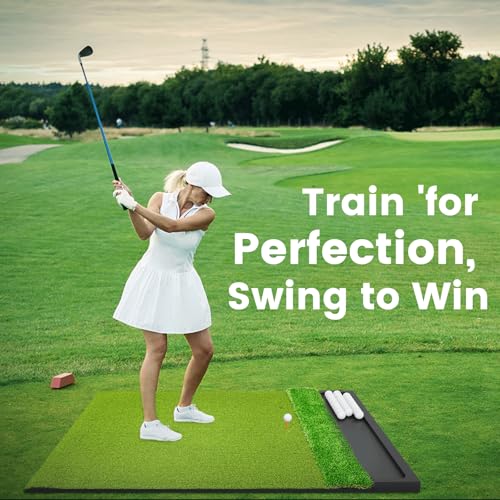 Golf Hitting Mat with Ball Tray 5x4ft - 6x4ft Dual-Turf Practice Mat for Indoor & Outdoor Use Golf Training Mat with Rubber Tee Holes, Suitable for Swing Driving & Chipping - size: 5 x 4 ft - 1.02"