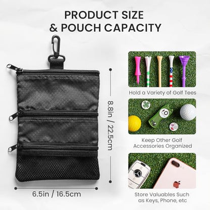 Amy Sport Golf Bag Accessories Valuables Pouch Bags Multi Pocket Zipper Hook with 10 Pcs Wood Golf Tees for Men Women - color: Pure Black 2 Pack