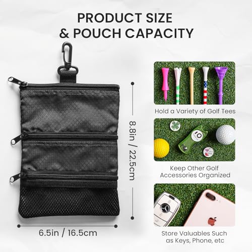 Amy Sport Golf Bag Accessories Valuables Pouch Bags Multi Pocket Zipper Hook with 10 Pcs Wood Golf Tees for Men Women - color: Dark With Brush