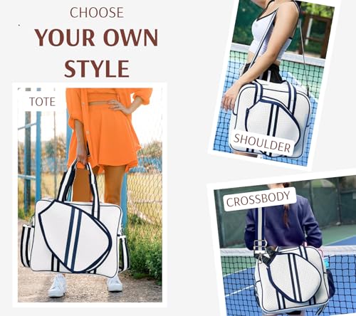 Pickleball Sports Tote Bag with Racket Holder, Neoprene, Adjustable Shoulder Strap - color: White