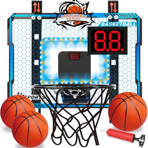 Adjustable Height Basketball Hoop Indoor with LED Lights, Basketball Toys Gifts for 5 6 7 8 9 10+ Year Old Boys Kids, Indoor Over The Door Mini Basketball Hoops with Electronic Scoreboard & 3 Balls - color: Blue-adjustable