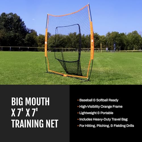 Bownet Original Big Mouth 7’ x 7’ Baseball Softball Hitting Net – Portable Pitching & Batting Practice Net, Heavy Duty Steel Frame, Fast 60-Second Setup, Carry Bag